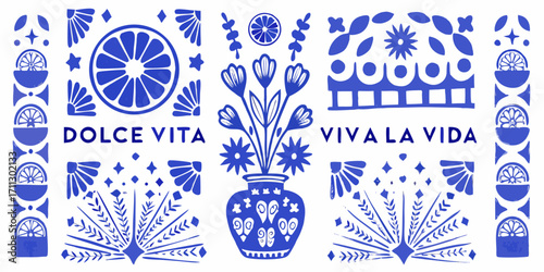 Vibrant blue and white folk art design with floral motifs and citrus slices celebrating life