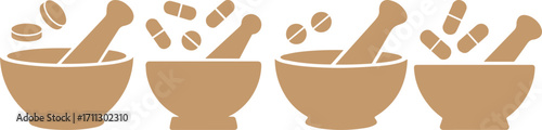 Vector illustration of mortar and pestle with pills symbolizing pharmacy, medicine preparation, healthcare, traditional remedies, pharmaceutical concept, and medical treatment design.