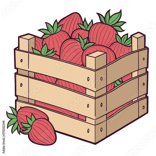 Ripe strawberries with green leaves fill a wooden crate, spilling slightly onto the ground