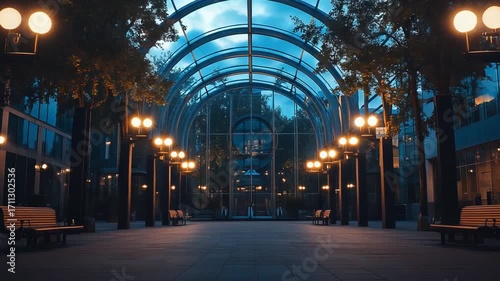 Modern urban plaza with illuminated lamps at dusk