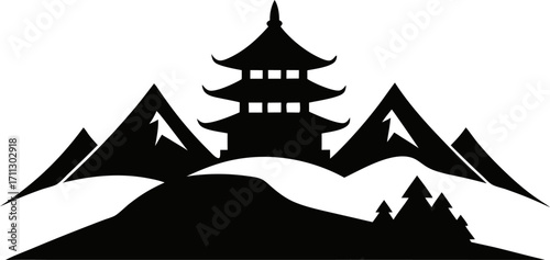 Clean Hue Vietnam Pagoda and Mountain Vector Silhouette