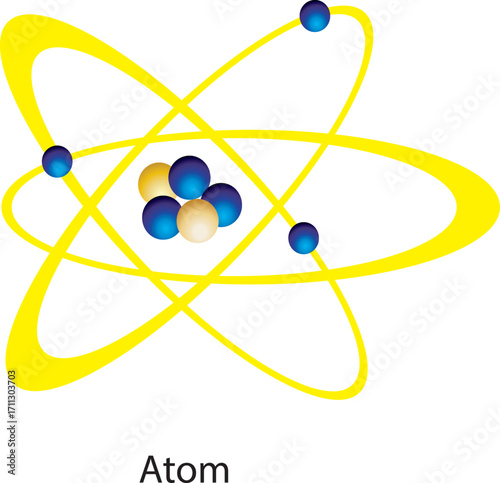 Abstract three-dimensional blue atomic model with circling electrons, isolated on a white background, symbolizing science, chemistry, and technology