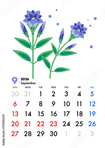 9月カレンダー,縦型カレンダー,リンドウの花,祝日,日曜始まり,日本