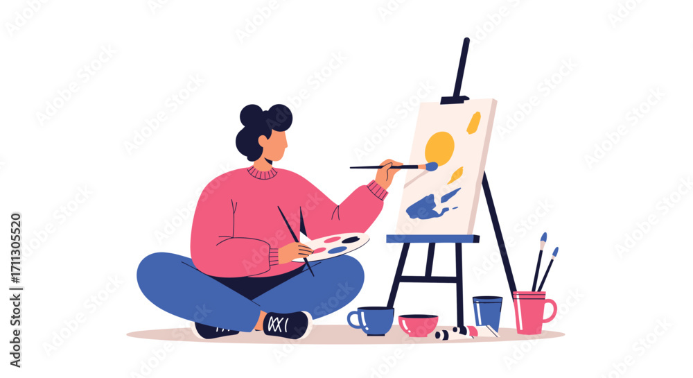 Fototapeta premium A person sits on the floor and paints a picture on an easel. A collection of art supplies is nearby.