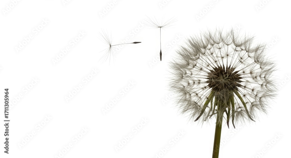 Fototapeta premium Ephemeral beauty dandelion with flying seeds on white, fragile and delicate