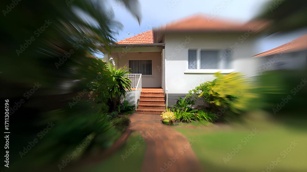 Fototapeta premium Suburban Australian home with a front garden bathed in afternoon sunlight, showcasing clean architectural lines.
