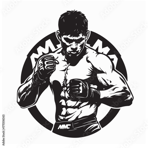 Intense Mixed Martial Arts Fighter Vector in Dynamic Fighting Stance