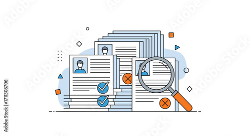 Illustration of document review process with magnifying glass and checklists.
