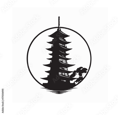Elegant Pagoda Tower Silhouette Logo Vector isolated on white background