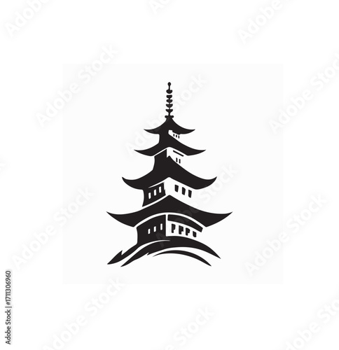 Minimalist Pagoda Tower Vector Logo Featuring Traditional Oriental Design