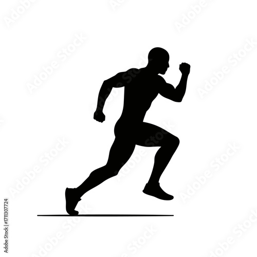 A powerful black silhouette of a man running at high speed, symbolizing athleticism, determination, and the pursuit of fitness on a clean white background.