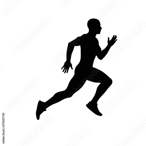 A dynamic black silhouette of a male athlete sprinting with powerful strides, symbolizing speed, fitness, and determination against a clean white background.