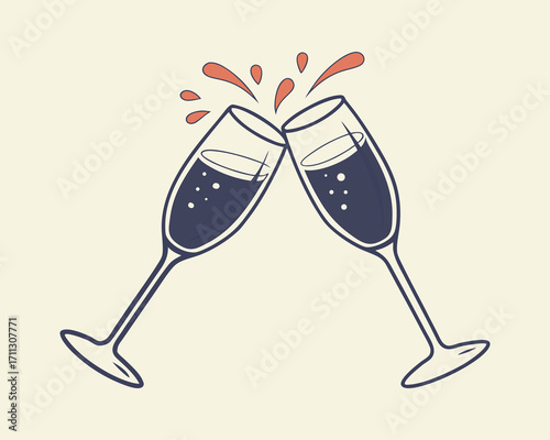 Two champagne glasses clinking with dark liquid and red splashes