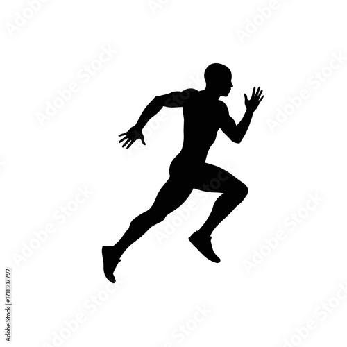 A powerful black silhouette of a male athlete in full sprint, symbolizing speed, determination, and dynamic human performance against a clean white background.