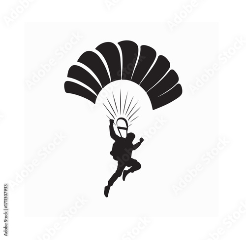 Silhouette of a man with parachute isolated on white background