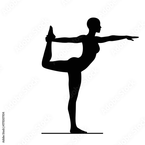 An elegant black silhouette of a woman expertly performing the challenging Natarajasana yoga pose, embodying balance, strength, and the serenity of mindful practice.