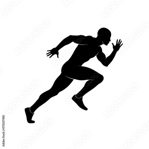 A dynamic black silhouette of a male athlete in full sprint, showcasing powerful motion and speed against a clean white background, symbolizing competition and rapid progress.