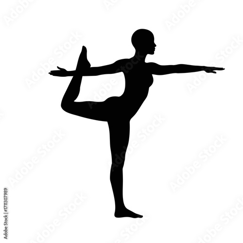 A graceful black silhouette of a woman performing the Natarajasana yoga pose, symbolizing perfect balance, inner peace, and physical well-being on a pristine white background.
