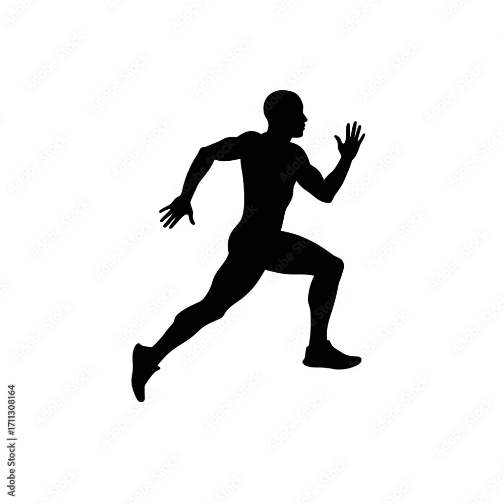 Naklejka premium The image depicts a powerful black silhouette of a male athlete in full sprint, symbolizing speed, determination, and dynamic motion against a clean white background.