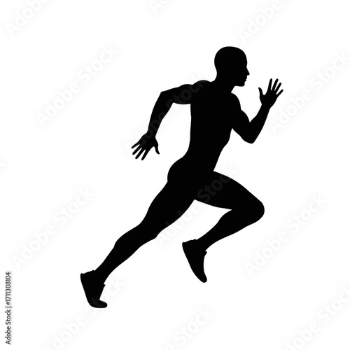 A dynamic black silhouette of a male athlete sprinting forward, symbolizing speed, agility, and competitive drive on a clean white background.