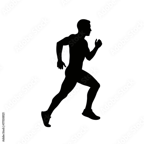 A dynamic black silhouette depicts a male athlete in mid-stride, showcasing the energy and motion of running or sprinting against a clean white background.