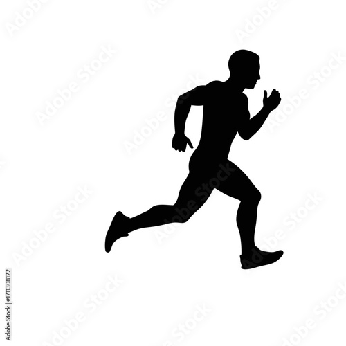 A powerful black silhouette of a male runner captured in full stride, demonstrating athleticism and vigorous movement against a stark white background.