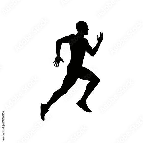 A dynamic black silhouette of a male athlete in mid-stride, showcasing speed, power, and determination against a clean white background, perfect for fitness concepts.