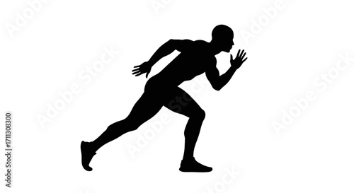A powerful silhouette of a male athlete explodes from the starting blocks, embodying speed, determination, and the thrill of competition on a clean white background.