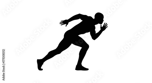 A powerful silhouette of a male sprinter in a dynamic starting pose, symbolizing speed, determination, and competitive athletic performance.