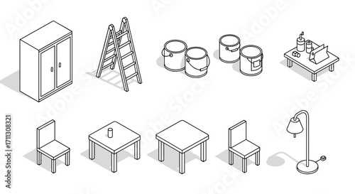 Isometric line art collection of furniture and household objects.