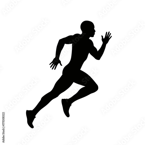 A strong black silhouette of a male athlete sprinting with determination, perfectly capturing speed and dynamic human movement against a clean white background.