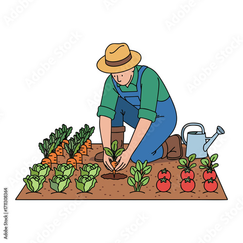 vector illustration of a farmer planting vegetables in a garden. Plain white background.