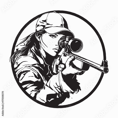 Young Female Hunter Aiming Rifle at Target Vector Illustration on white background