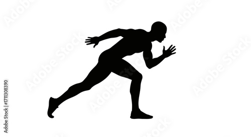 A dynamic black silhouette of a male athlete captured in a powerful sprinting pose, symbolizing speed, energy, and the start of a competitive race.