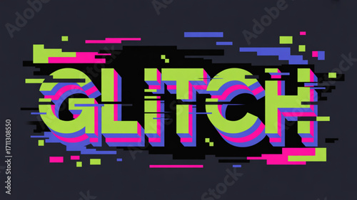 Glitch effect design with distorted text and pixelated elements for modern digital art and graphic design
