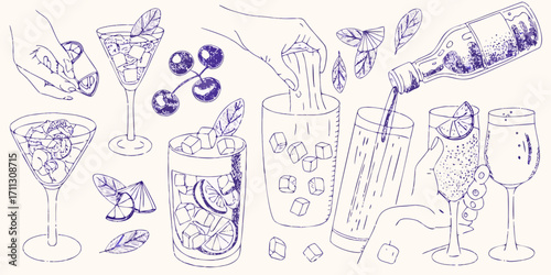 Hand drawn collection of refreshing summer cocktails and ingredients in a minimalist line art style