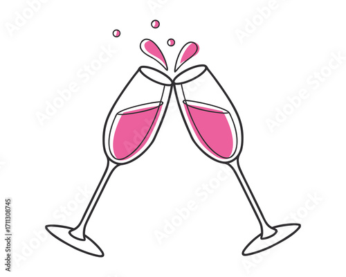 Two champagne glasses clinking with pink liquid and splashes