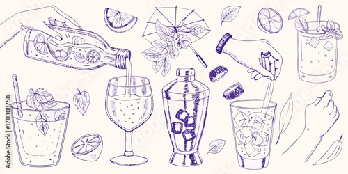 Hand drawn illustration of summer drinks being prepared with fresh fruit and ice