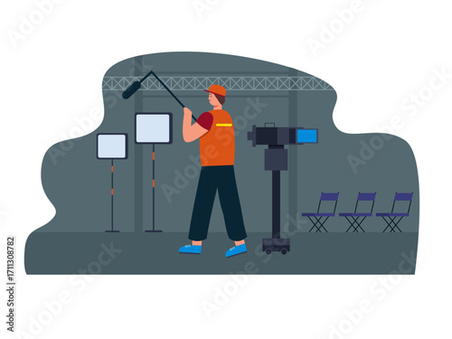 Male crew member holding a sound recording mic during shooting. Hollywood illustration. Flat vector illustration.