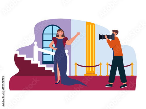 Beautiful actress wears glamour dress on red carpet and interview with camera. Hollywood illustration. Flat vector illustration.