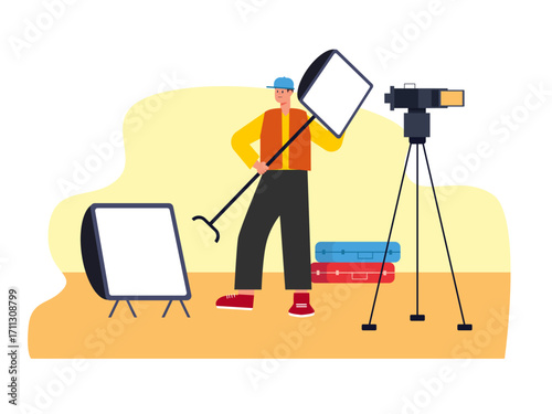 Male crew setting up lights, cameras and other equipment for filming. Hollywood illustration. Flat vector illustration.