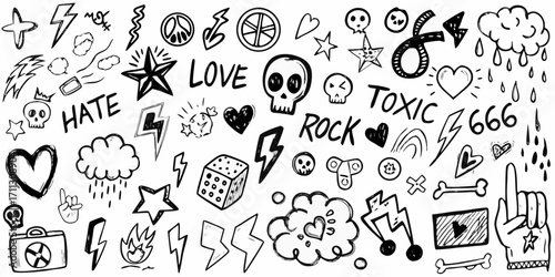 Collection of hand drawn black and white doodle icons and symbols for rock music and rebellion