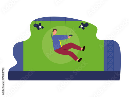 Male professional actor doing stunts with a rope and holding a gun. Hollywood illustration. Flat vector illustration.