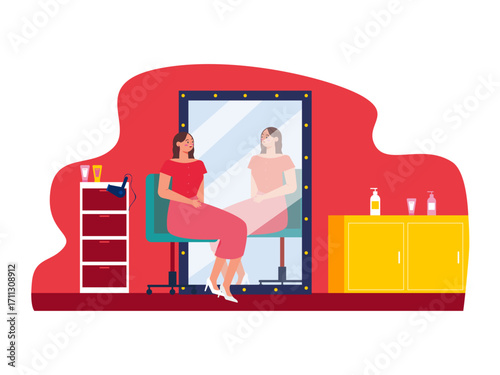 Woman sitting in front of dressing table mirror. Hollywood illustration. Flat vector illustration.
