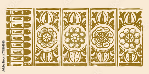 Vintage decorative border pattern with floral motifs and geometric elements in gold and beige