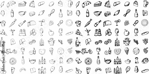 Collection of hand drawn food and drink icons and objects in a repeating pattern