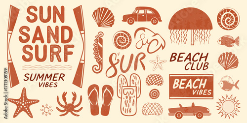 Retro summer beach vibes with sun sand surf and coastal elements collection