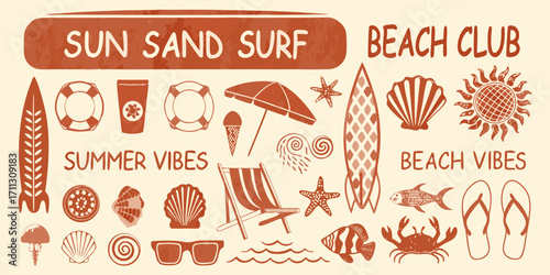 Collection of summer beach elements sun sand surf beach club summer vibes and beach vibes
