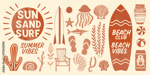 Retro summer beach vibes collection with sun sand surf and beach club text