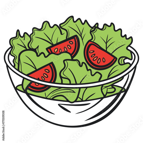 Bowl of fresh salad showing cut tomatoes and green lettuce with transparent background